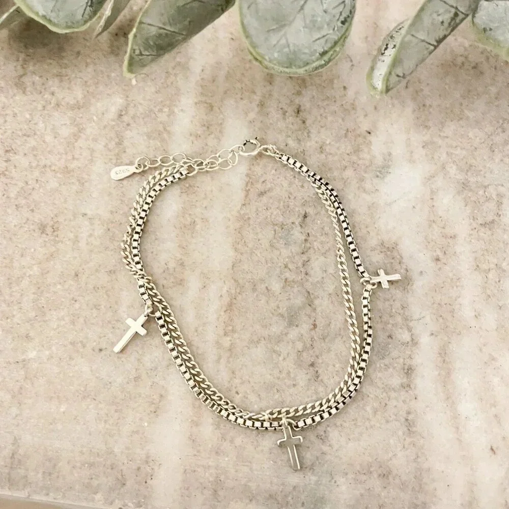925 Sterling Silver Dainty Box Chain Bracelet Thin Dangle Cross Charm Bracelet